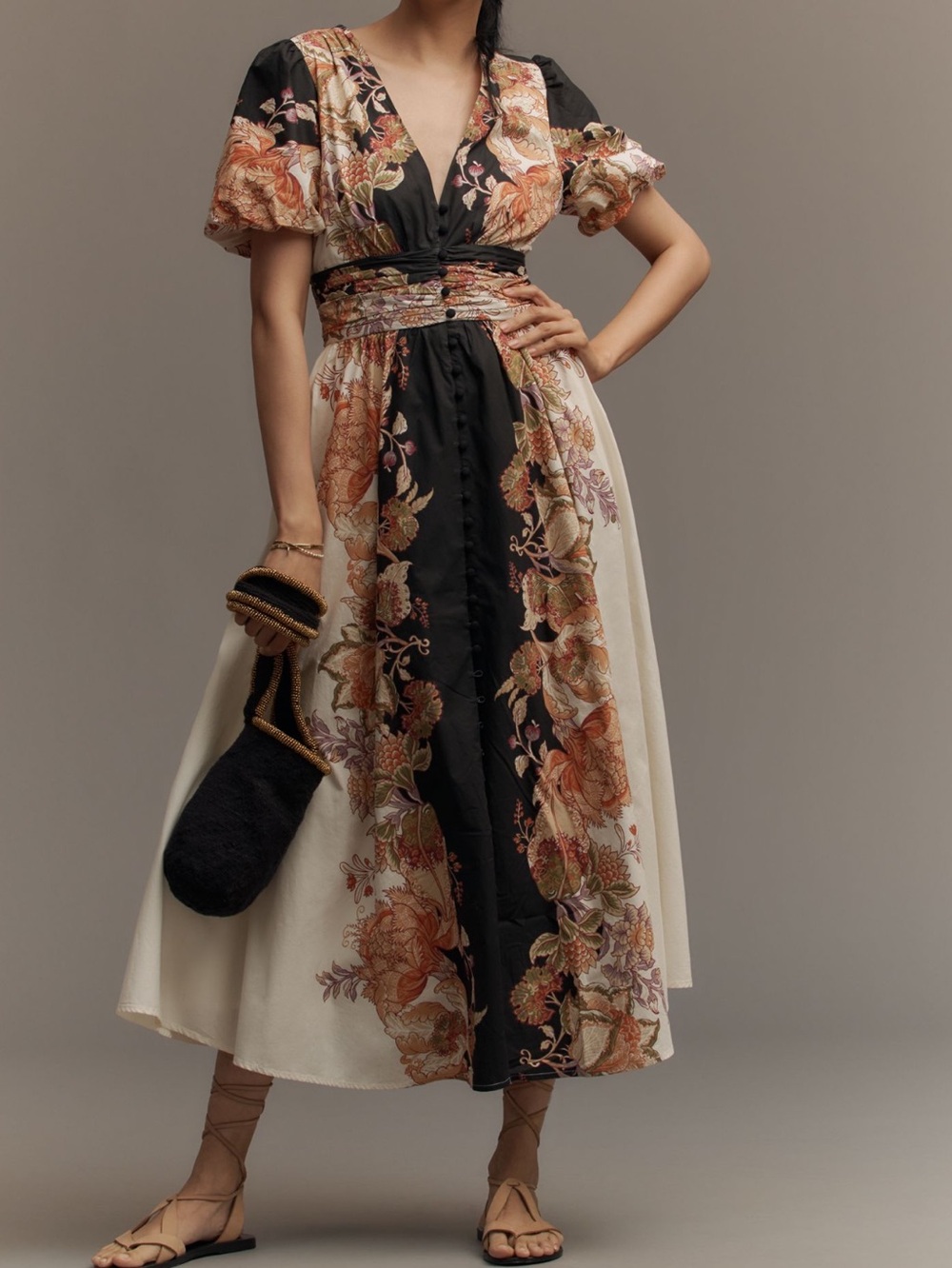 Anthropologie Katerina Short-Sleeve Button-Front Maxi Dress XL Black Floral - Picture 4 of 15